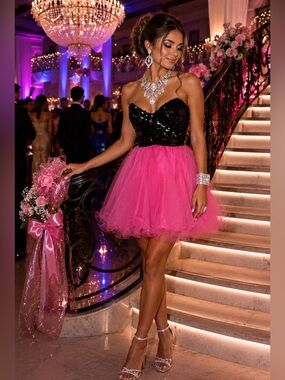 Jolene Black and Neon Pink Strapless Dress